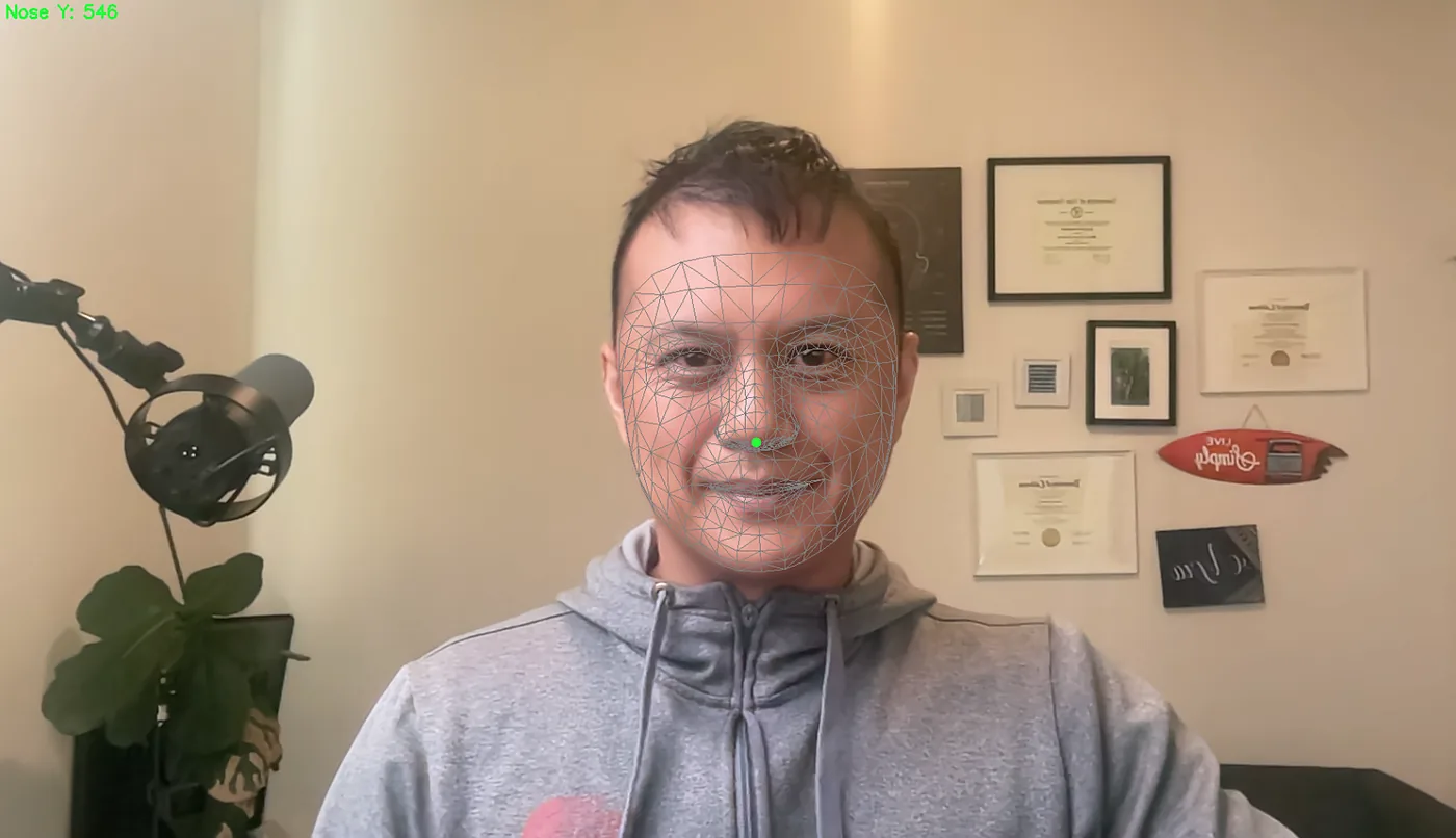 WalkSteady calibrating: a face mesh over Marvin's face on a webcam feed, with the nose landmark tracked at Nose Y 546